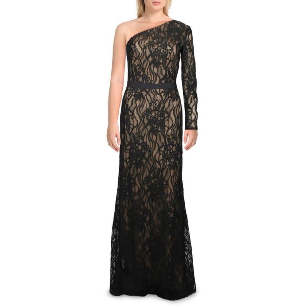 Tadashi Shoji Black One-Shoulder Lace Gown with Nude Lining | 4